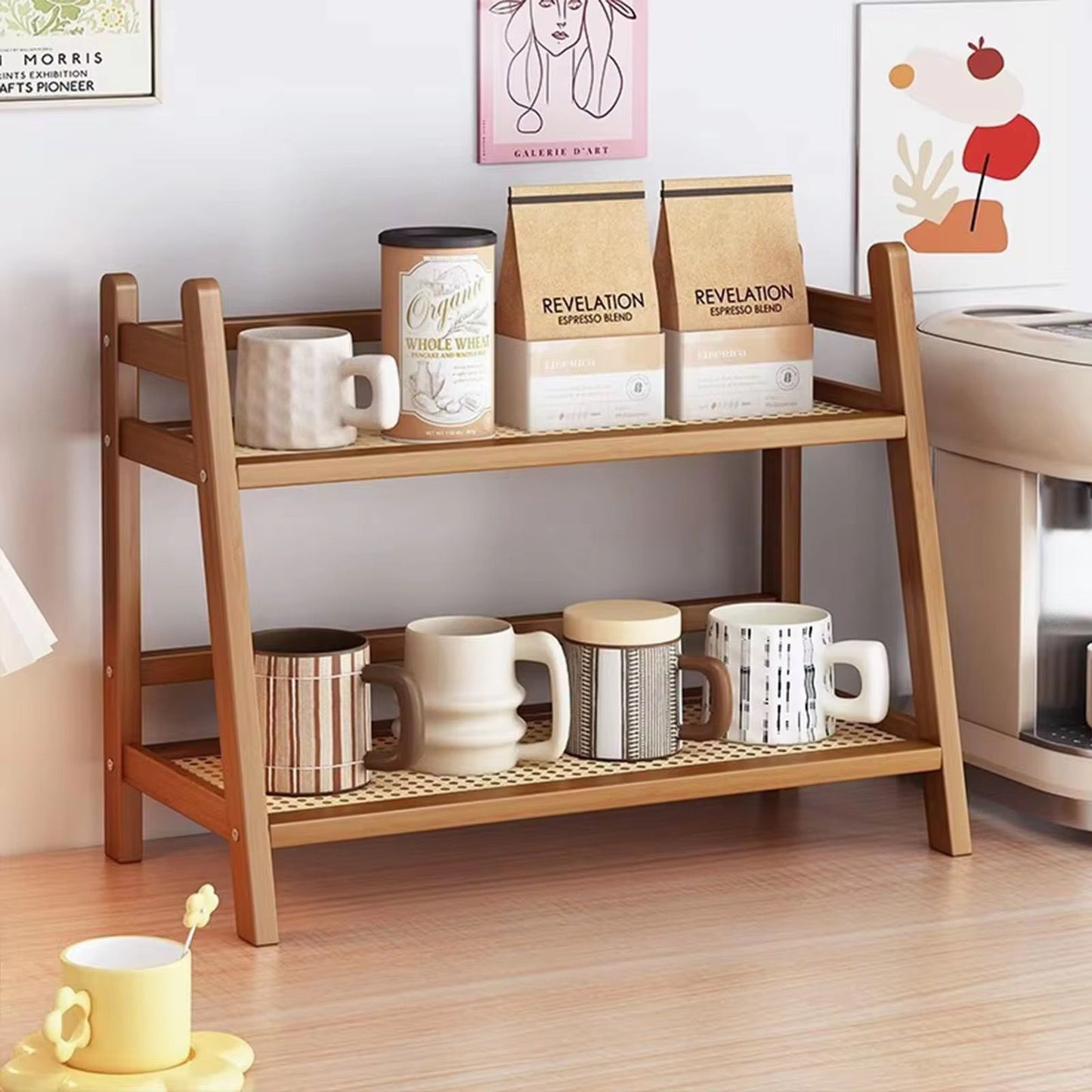 Bamboo countertop storage rack.