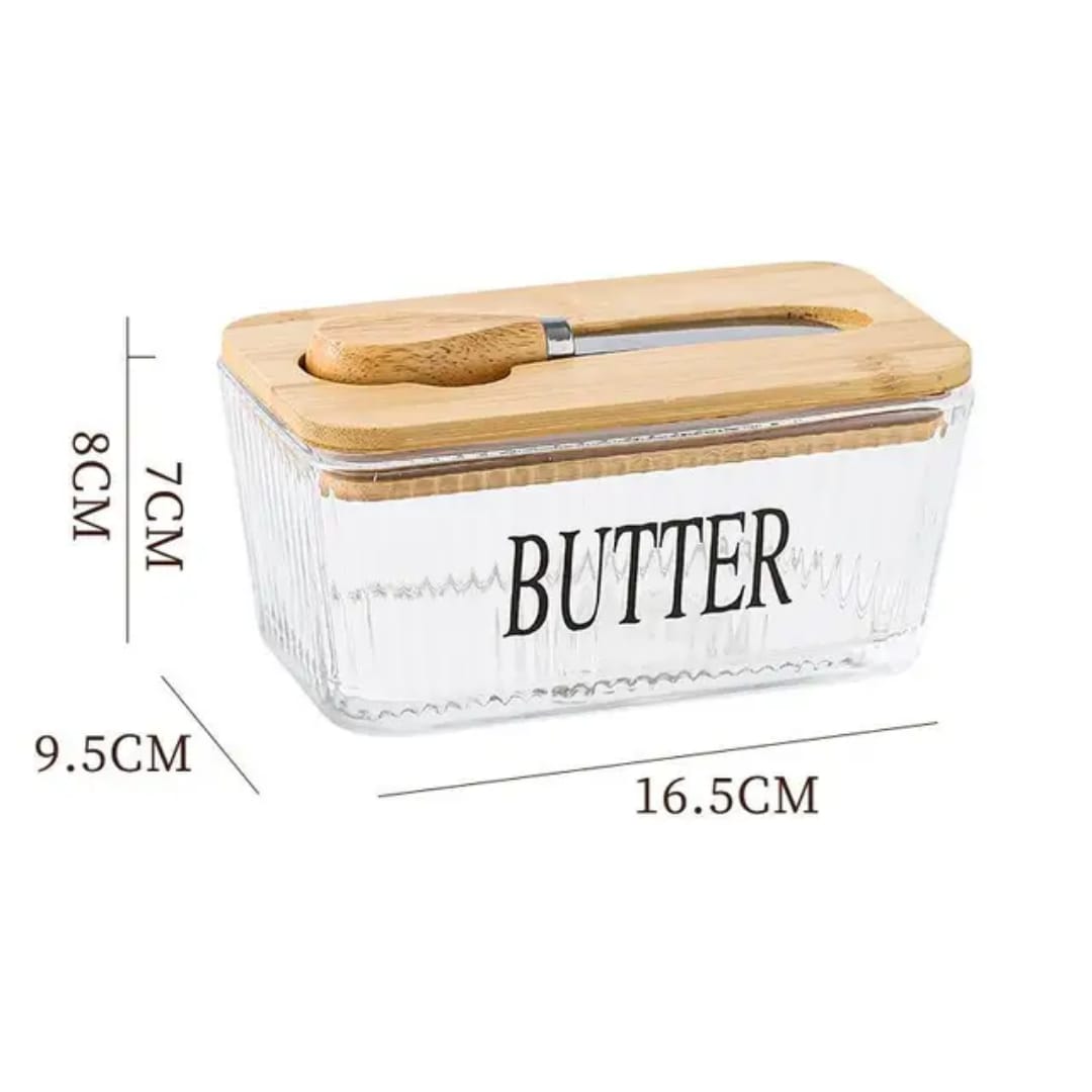 Glass butter tin with bamboo lid.