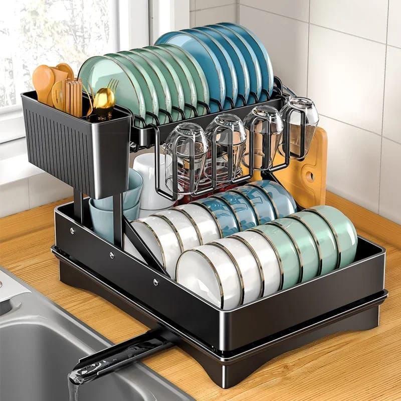 2 Tier Foldable Dish Drying Rack with Drip Tray l