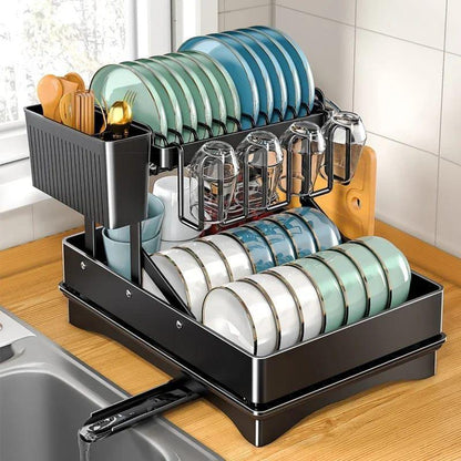 2 Tier Foldable Dish Drying Rack with Drip Tray l