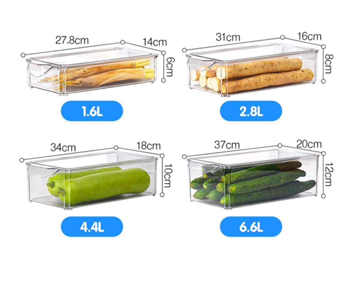 4 pcs Big capacity BPA-Free Stackable acrylic Fridge Organizer Bins with Lids and drain basket