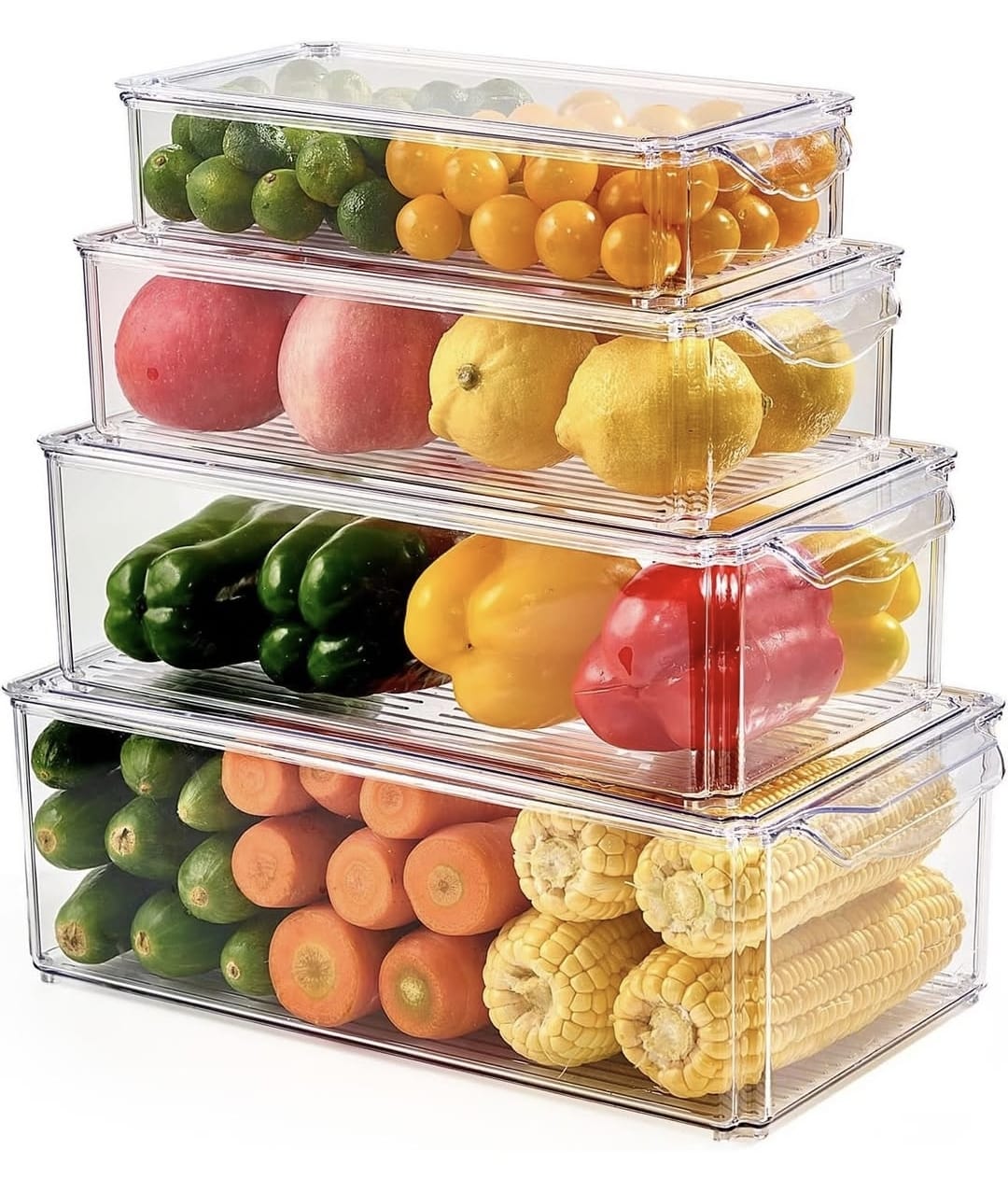4 pcs Big capacity BPA-Free Stackable acrylic Fridge Organizer Bins with Lids and drain basket