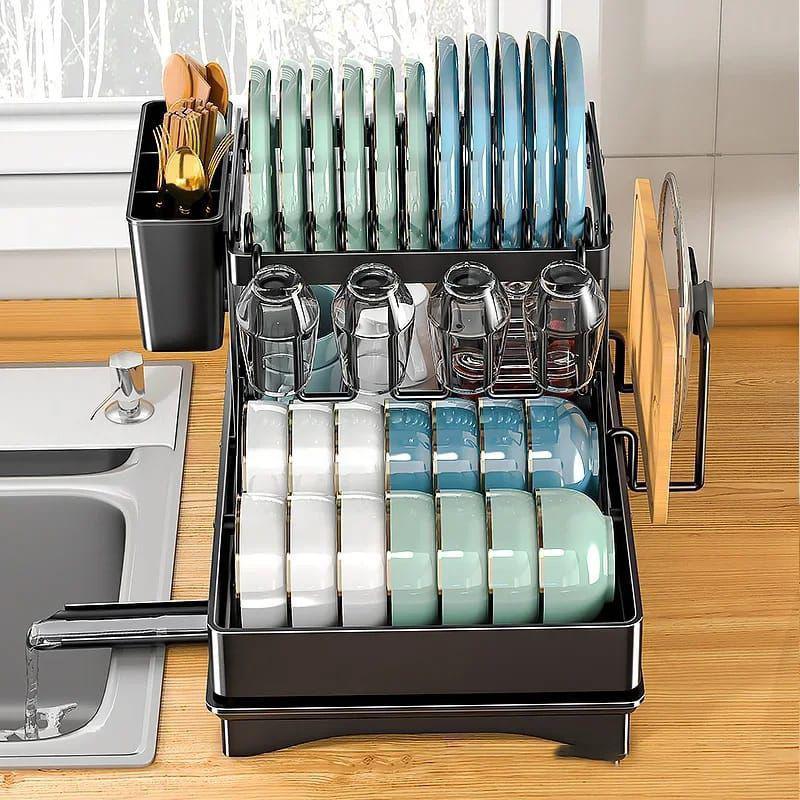 2 Tier Foldable Dish Drying Rack with Drip Tray l