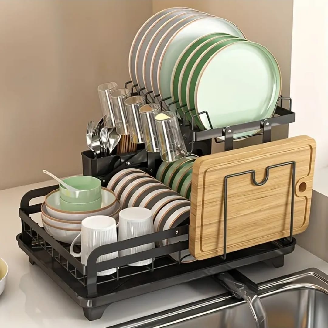 2 Tier Foldable Dish Drying Rack with Drip Tray   