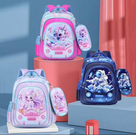 High-Capacity 3D Cartoon Two-Piece School Backpack Set 