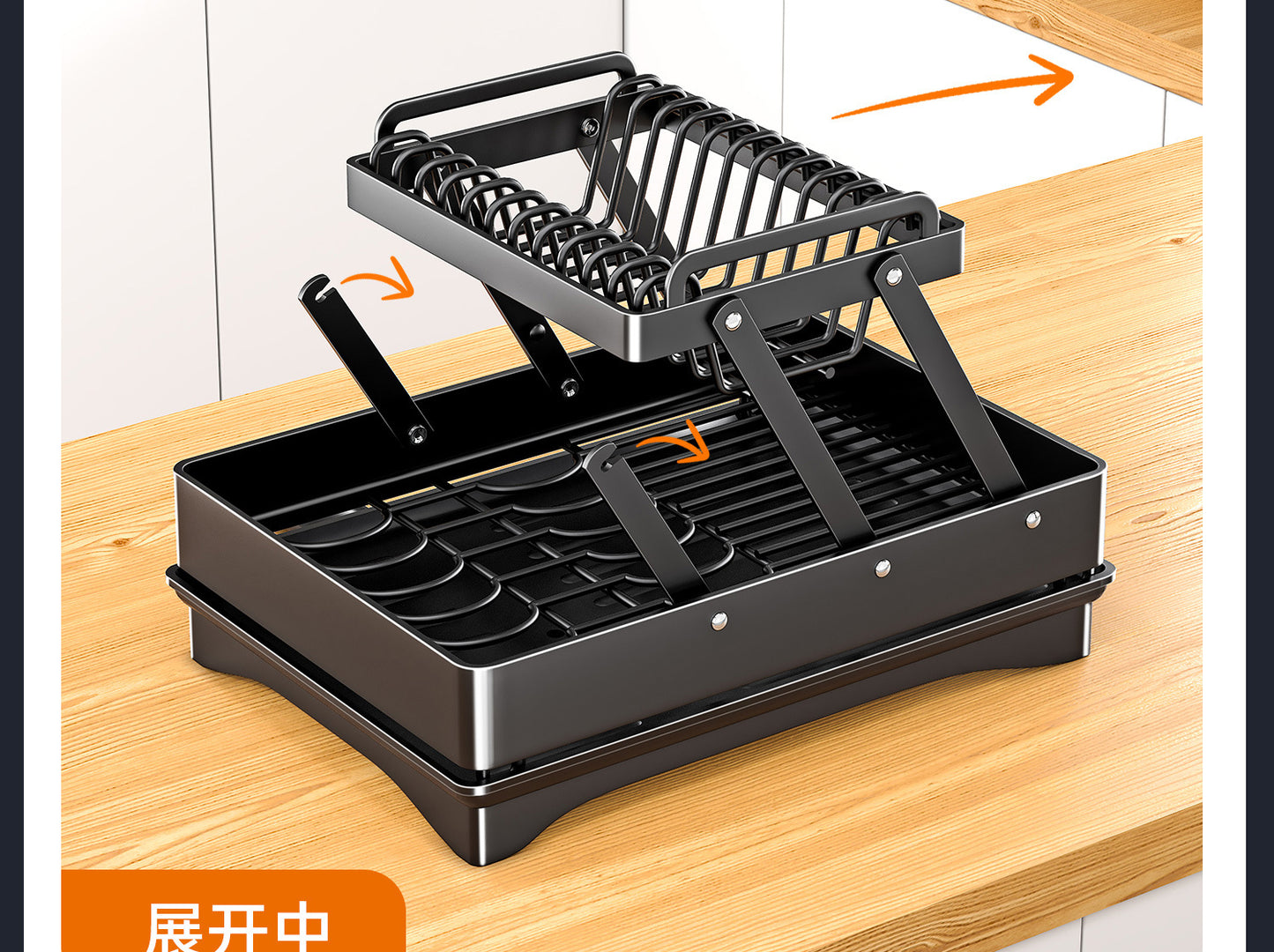 2 Tier Foldable Dish Drying Rack with Drip Tray   