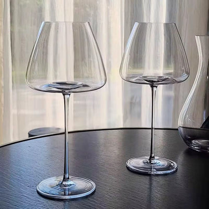 Long stem crystal wine glasses.