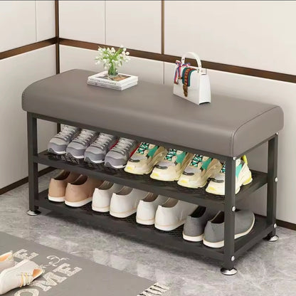 Entryway Shoe Rack with Padded Seat | 2-Tier Metal Shoe Storage Bench