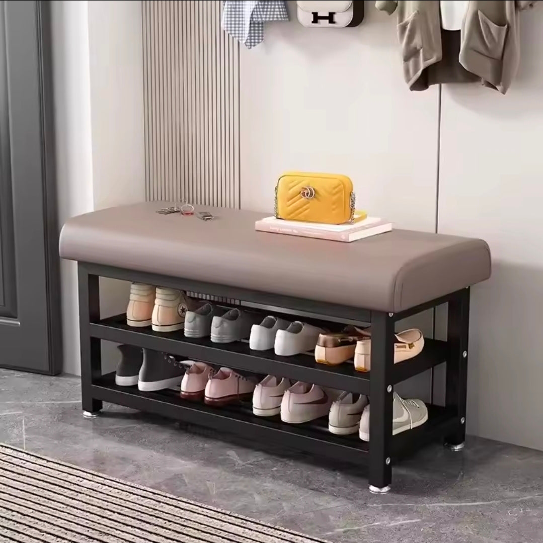 Entryway Shoe Rack with Padded Seat | 2-Tier Metal Shoe Storage Bench