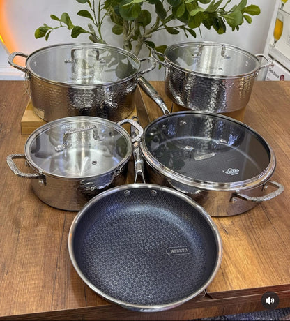 9PCS SET Premium High quality Tripply S/S Stainless steel cookware set with Hammered Patterned design 