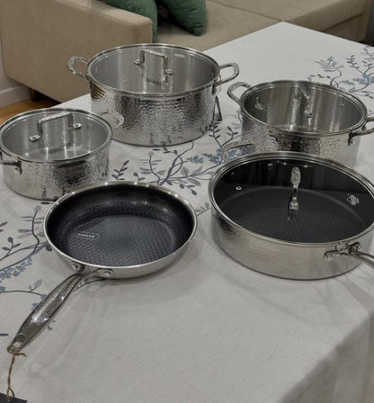 9PCS SET Premium High quality Tripply S/S Stainless steel cookware set with Hammered Patterned design 