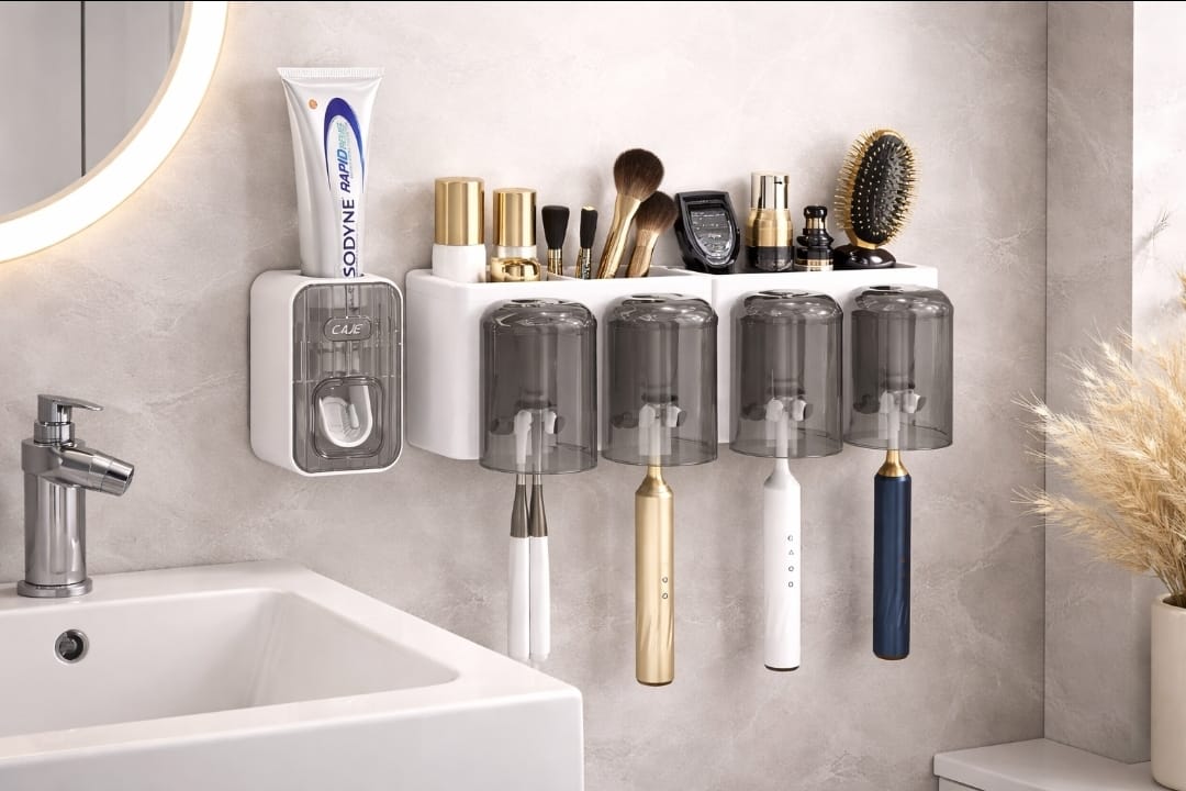 Toothbrush holder /Toothpaste dispenser with 4 cups