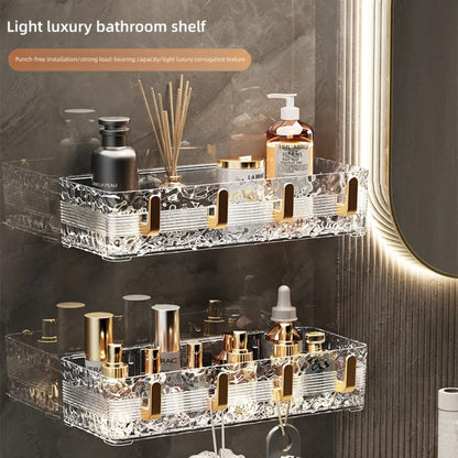 Acrylic Wave Patterned Storage Shelf with gold colored hooks