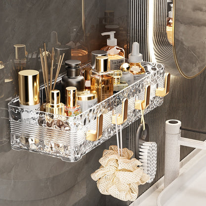 Acrylic Wave Patterned Storage Shelf with gold colored hooks
