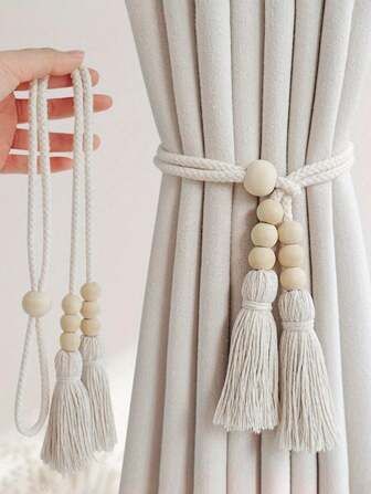 Curtain tieback with wooden beads and elegant tassels