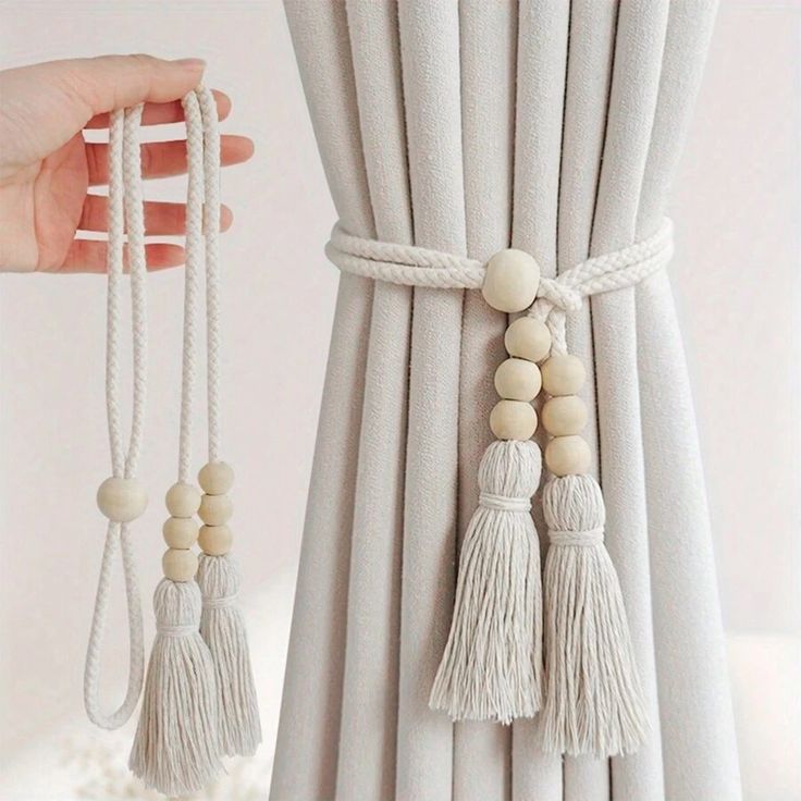 Curtain tieback with wooden beads and elegant tassels