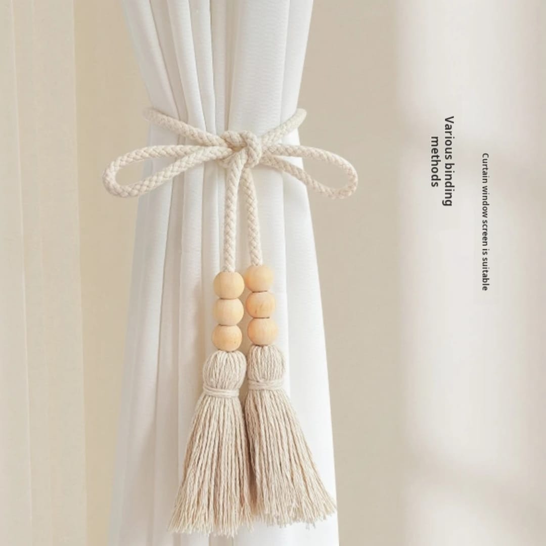 Curtain tieback with wooden beads and elegant tassels