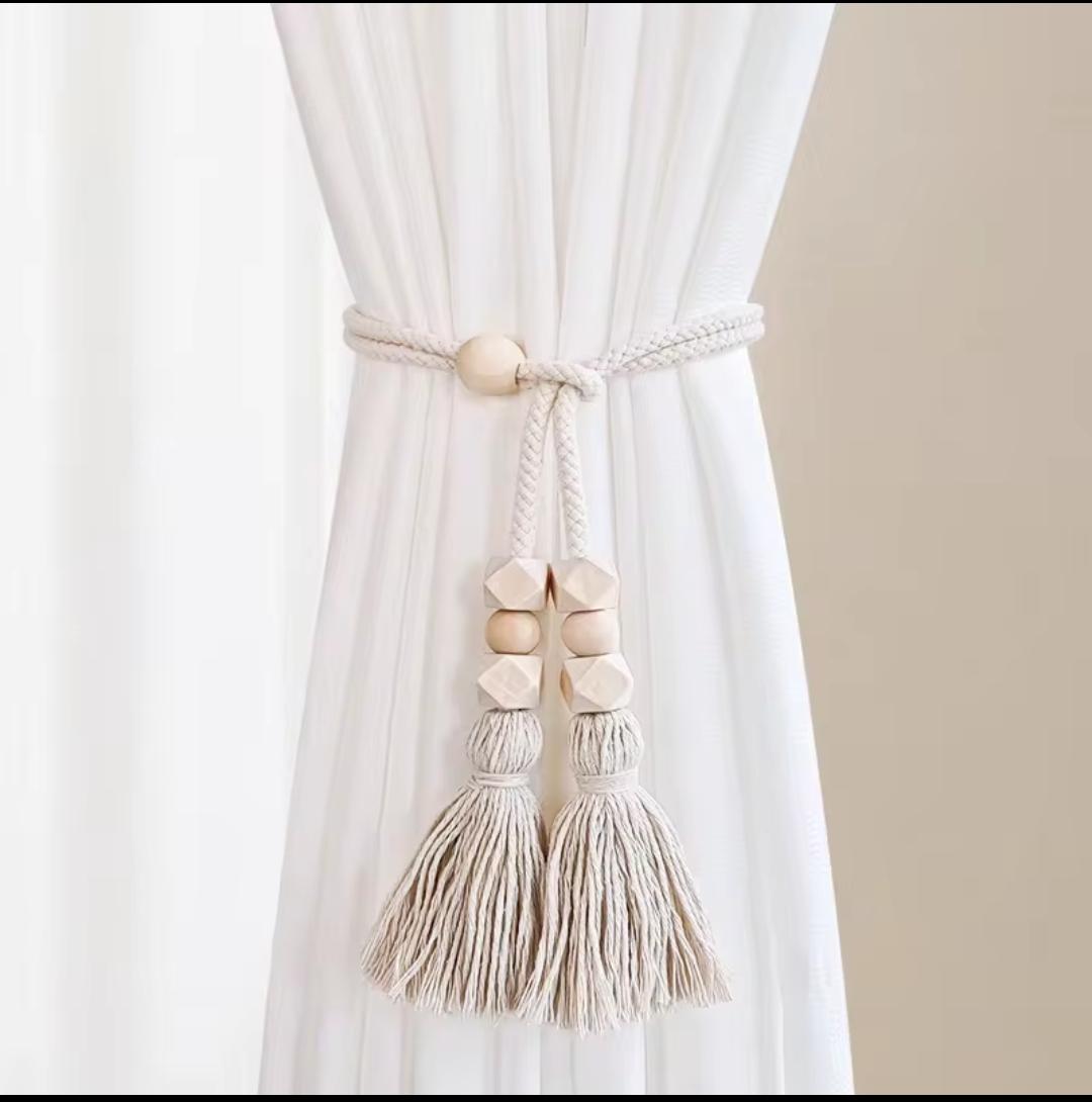 Geometric tassel tieback with wooden beads
