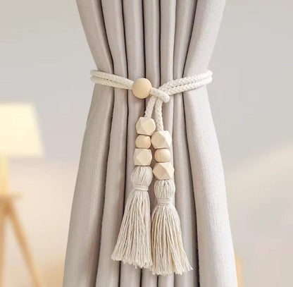 Geometric tassel tieback with wooden beads
