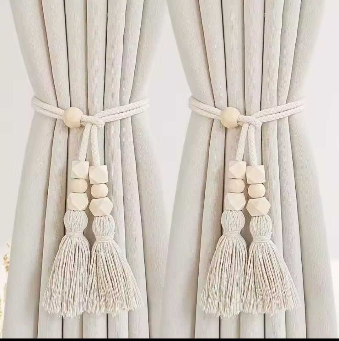 Geometric tassel tieback with wooden beads