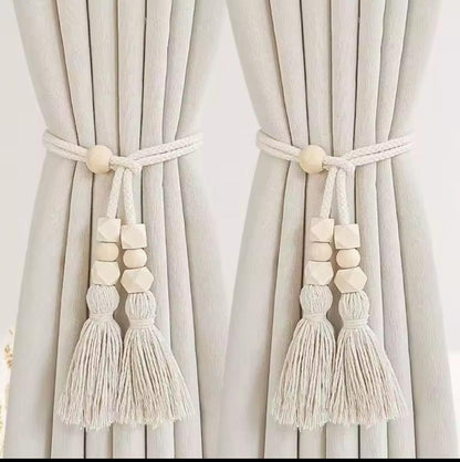 Geometric tassel tieback with wooden beads
