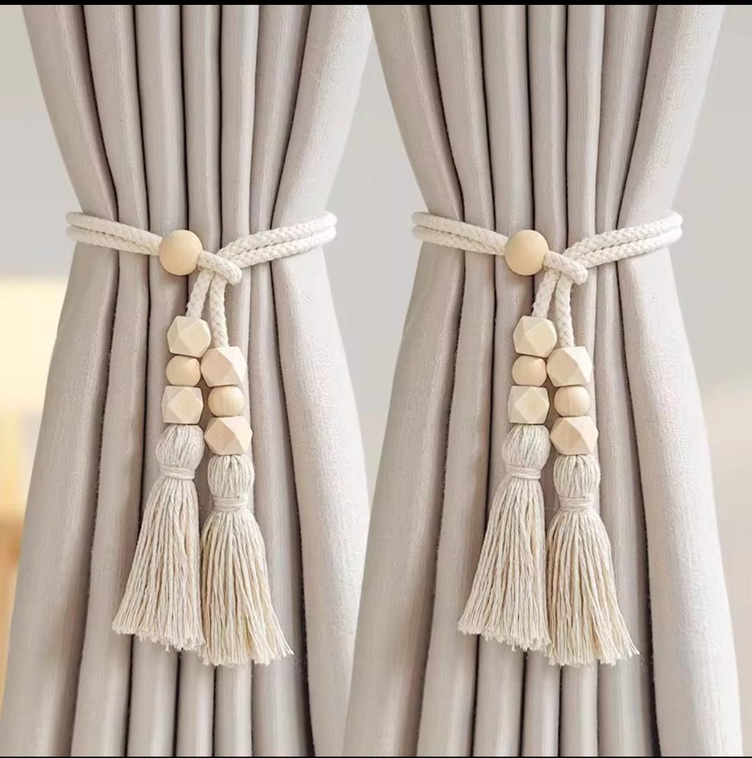 Geometric tassel tieback with wooden beads