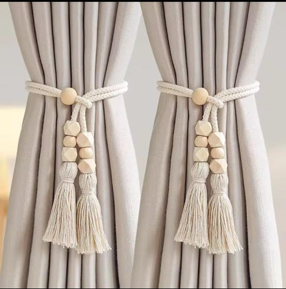 Geometric tassel tieback with wooden beads