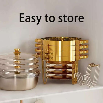 Elegant Round Stainless Steel Chafing Dish with Golden Accents