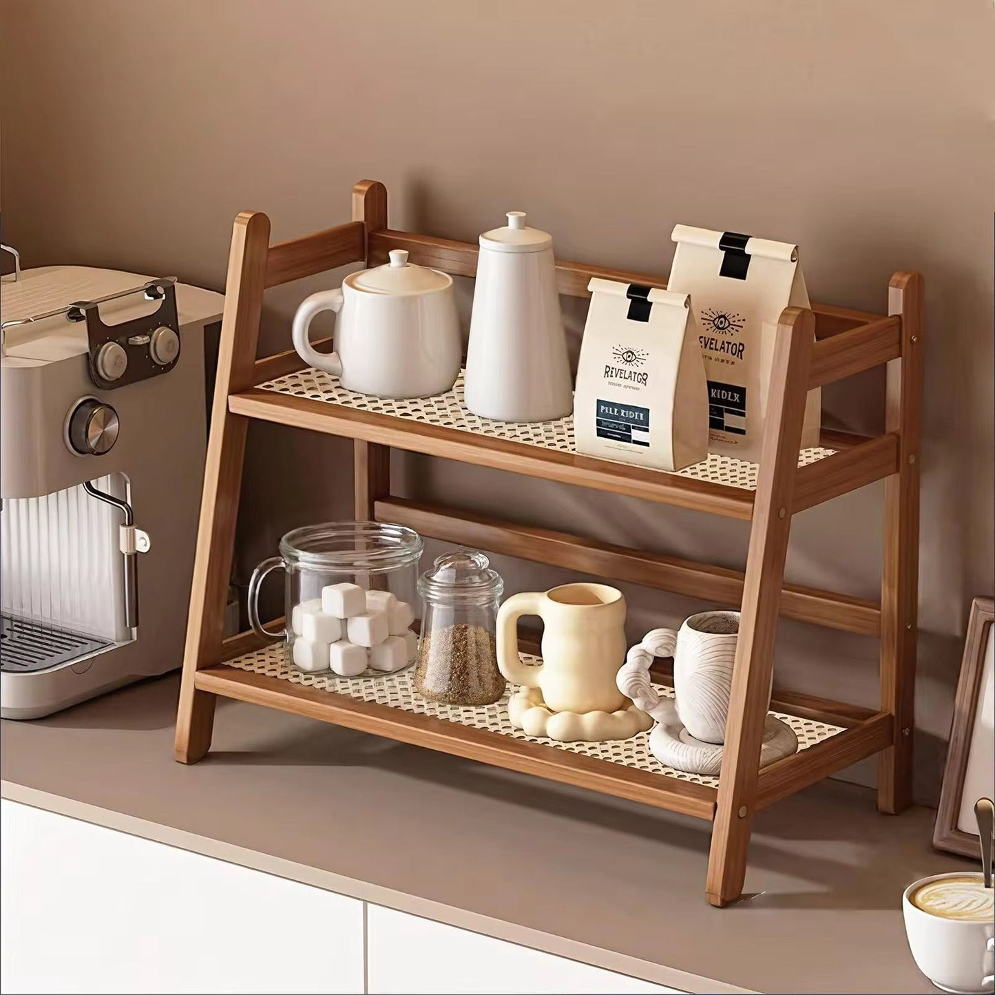 Bamboo countertop storage rack.