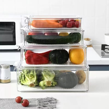4 pcs Big capacity BPA-Free Stackable acrylic Fridge Organizer Bins with Lids and drain basket