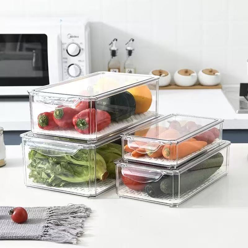 4 pcs Big capacity BPA-Free Stackable acrylic Fridge Organizer Bins with Lids and drain basket