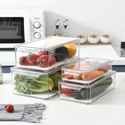 4 pcs Big capacity BPA-Free Stackable acrylic Fridge Organizer Bins with Lids and drain basket