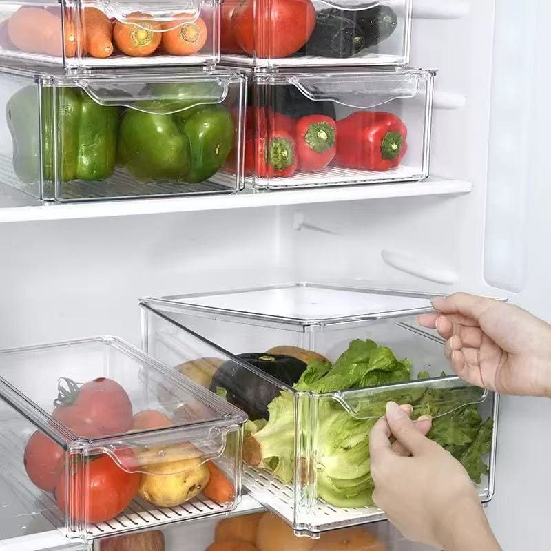4 pcs Big capacity BPA-Free Stackable acrylic Fridge Organizer Bins with Lids and drain basket