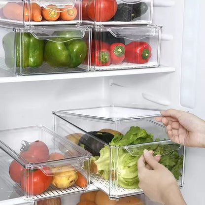 4 pcs Big capacity BPA-Free Stackable acrylic Fridge Organizer Bins with Lids and drain basket
