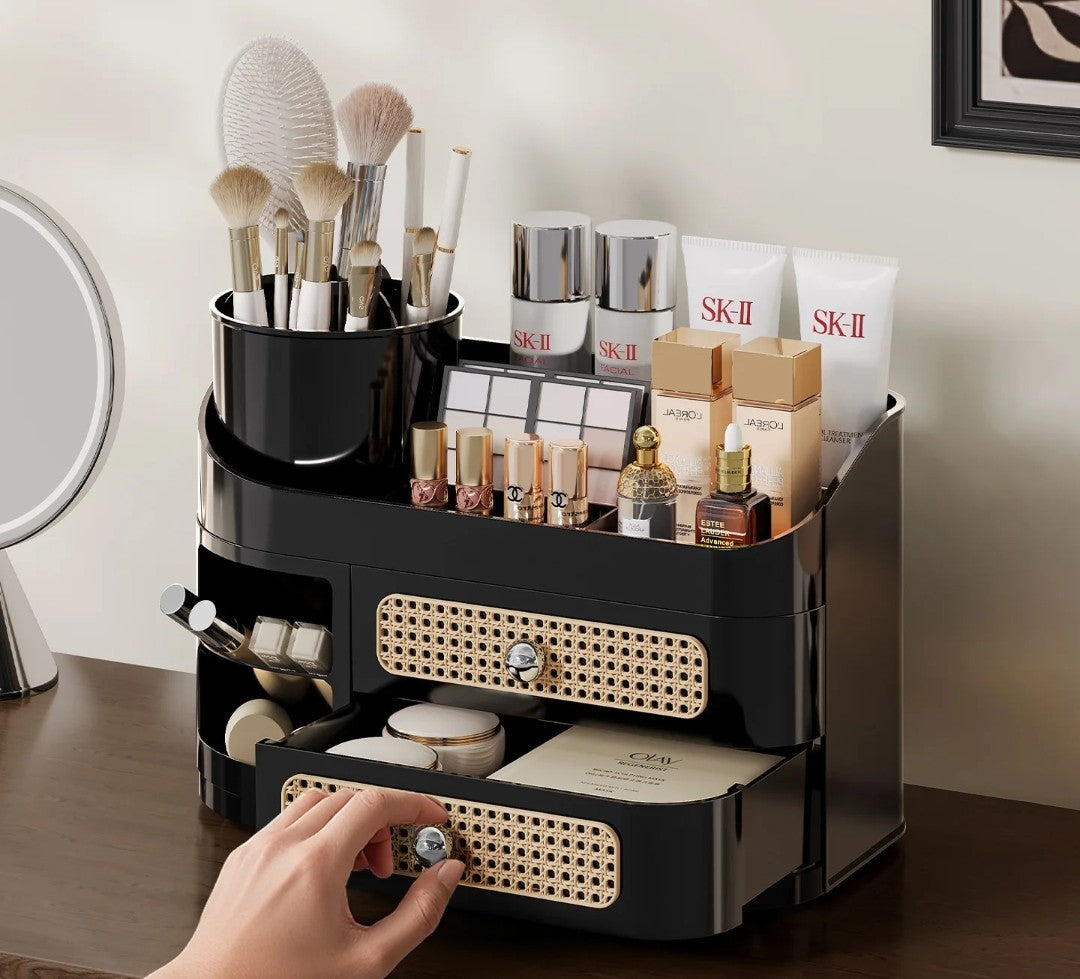 Makeup storage organizer with a rotating brush holder