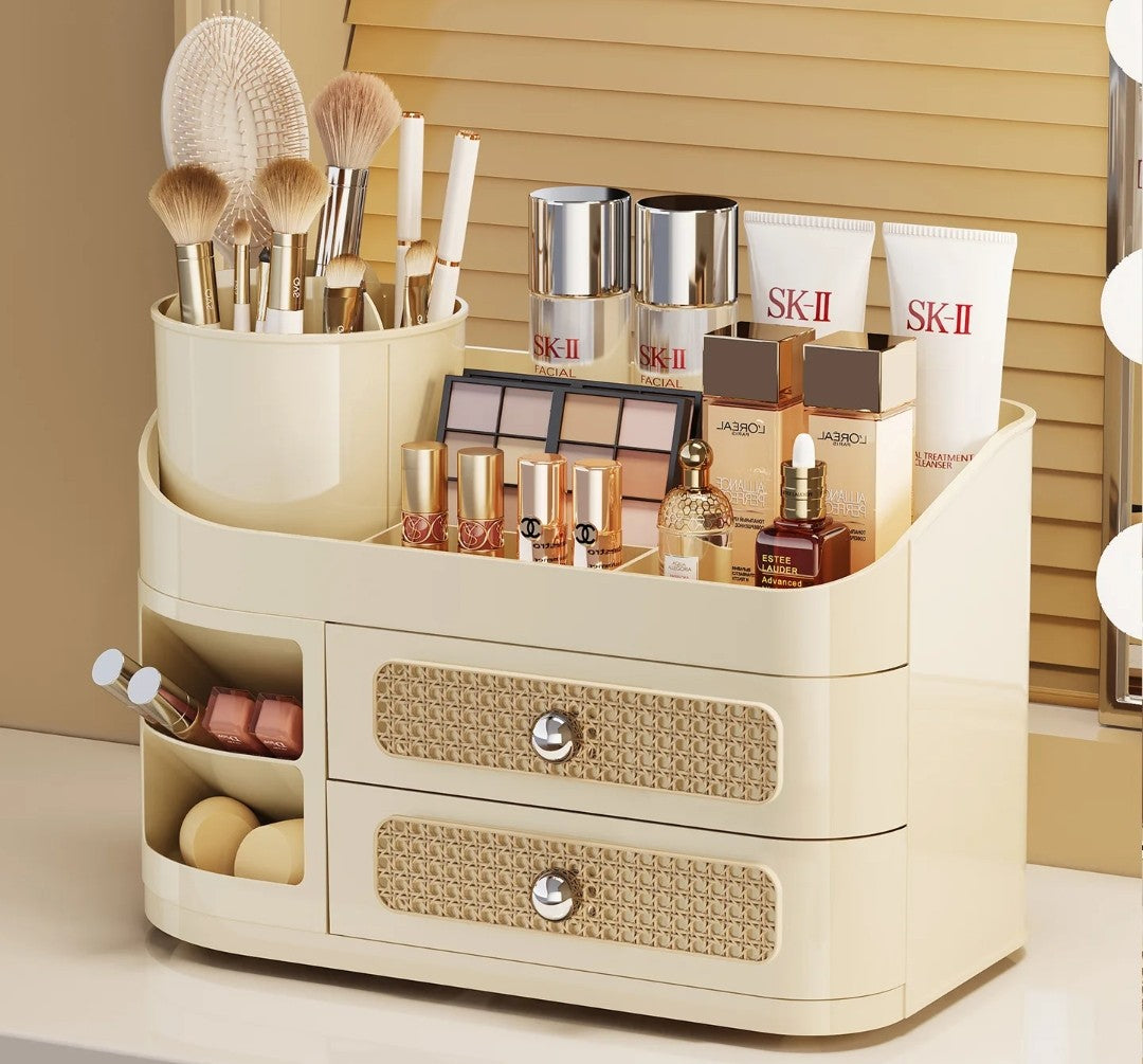 Makeup storage organizer with a rotating brush holder