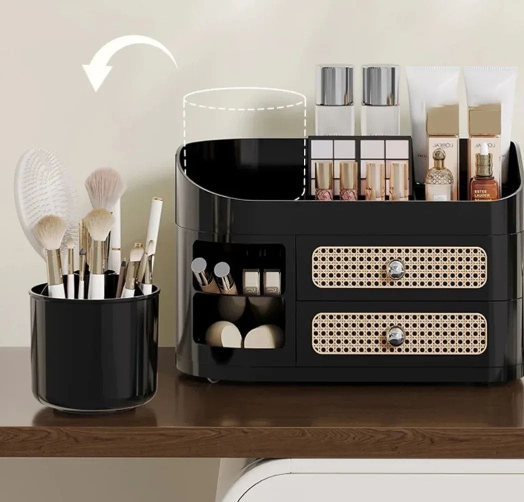 Makeup storage organizer with a rotating brush holder