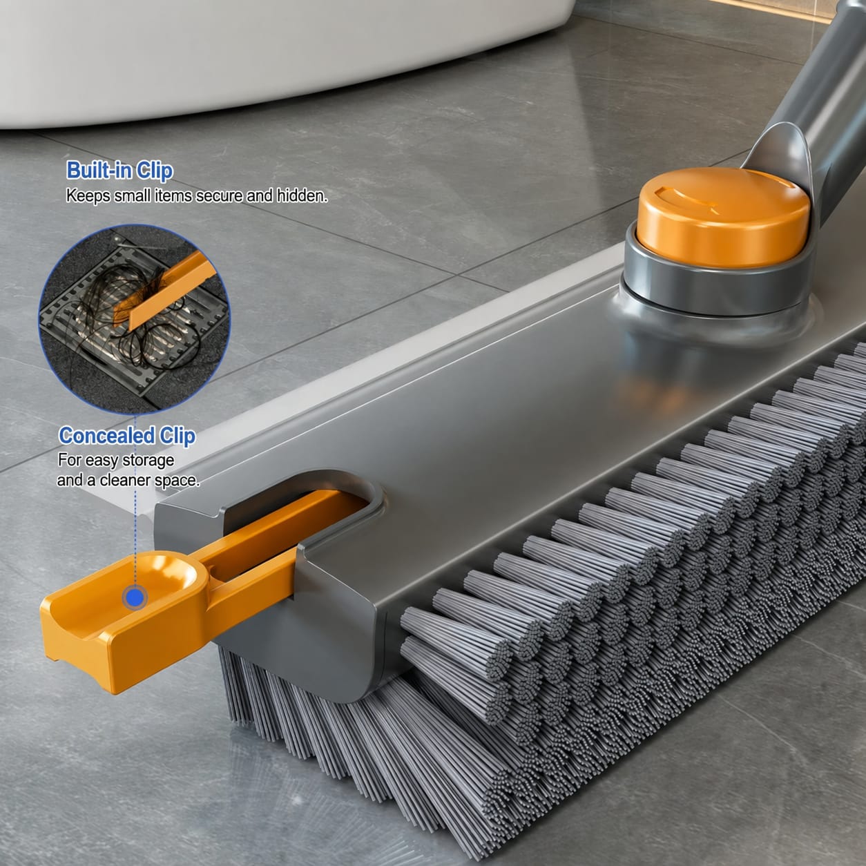 Premium Quality 3-in-1 Floor & Bathroom Cleaning Brush with Built-in Scraper/Squeegee & Clip