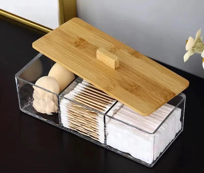 3 partitioned acrylic cotton swab/earbuds/jewellery holder with bamboo lid