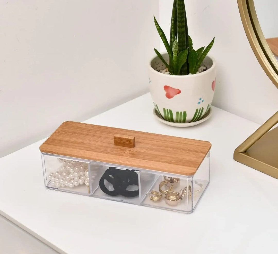3 partitioned acrylic cotton swab/earbuds/jewellery holder with bamboo lid