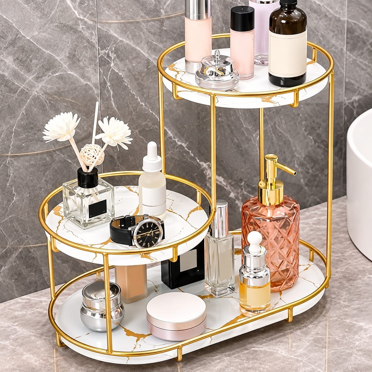 3 level gold frame marble tray organizer rack