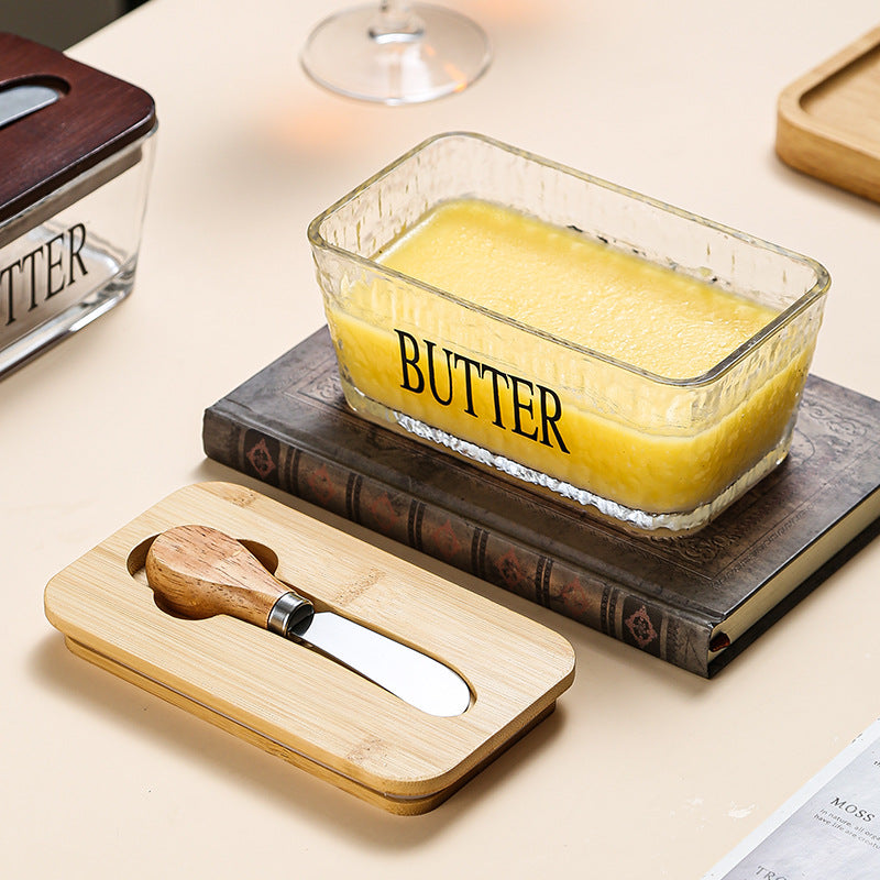 Glass butter tin with bamboo lid.