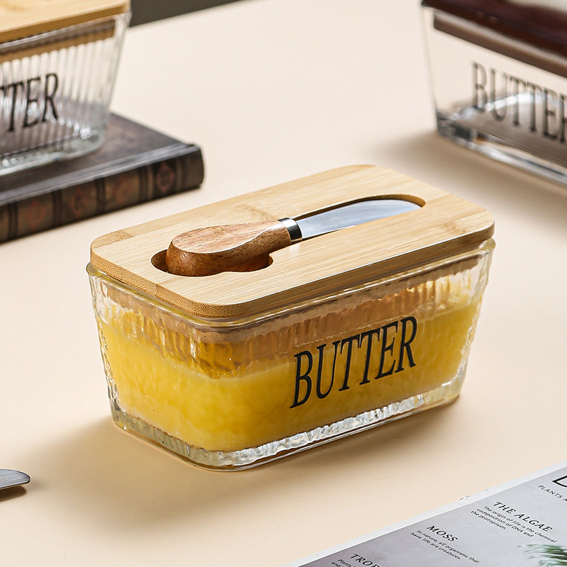 Glass butter tin with bamboo lid.