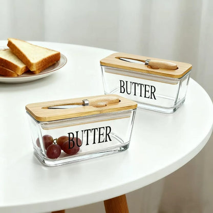 Glass butter tin with bamboo lid.