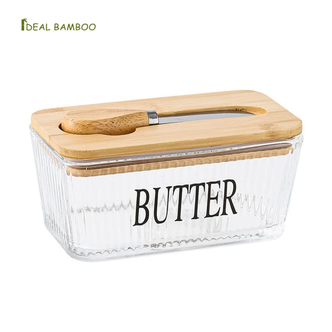 Glass butter tin with bamboo lid.