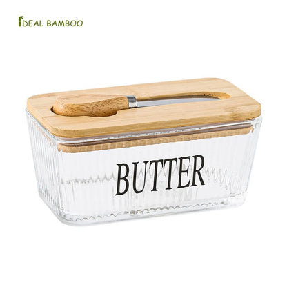 Glass butter tin with bamboo lid.