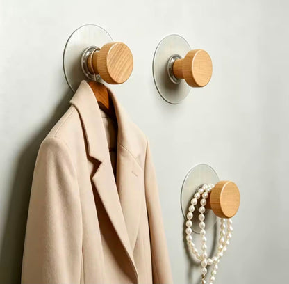 2Pcs Self-Adhesive Wooden Wall Hooks 