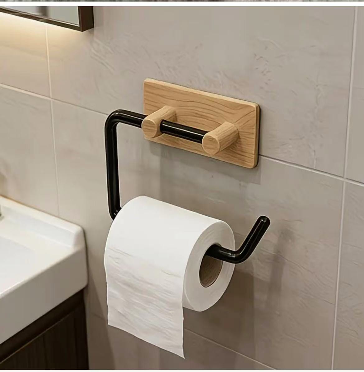 Wood Grain No-Drill Toilet Paper Holder
