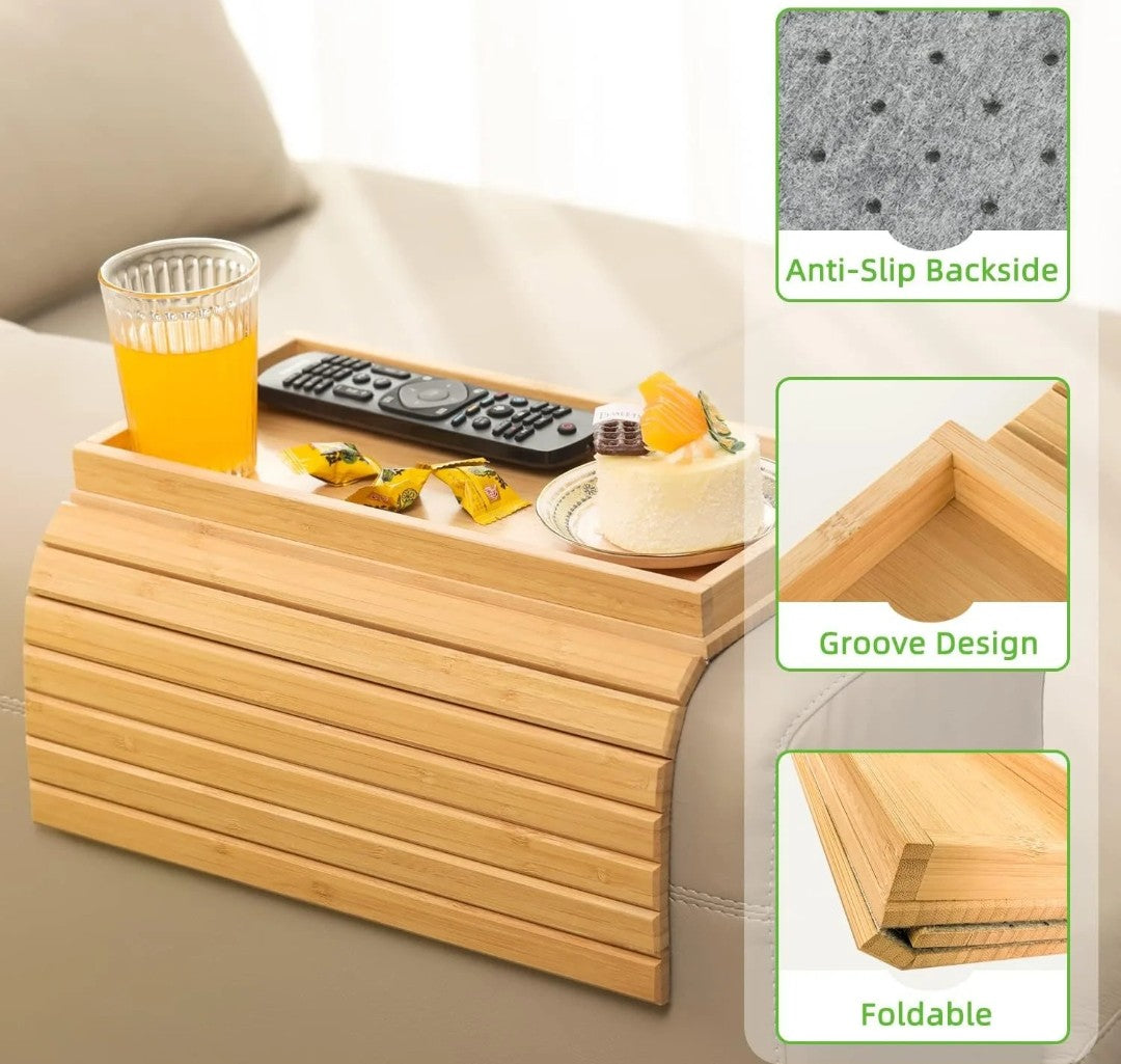 Foldable bamboo sofa arm rest organizer