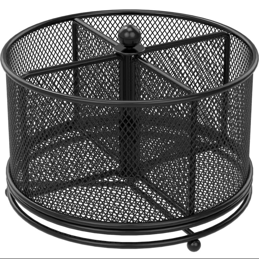 Mesh partitioned rotating cutlery holder.